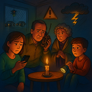 Een familie ronde een brandende kaars tijdens een stroomstoring