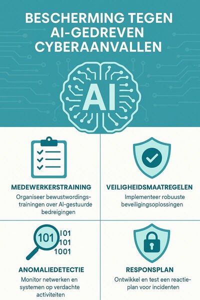Infographic over hoe organisaties zich tegen AI-gedreven cyberaanvallen kunnen beschermen