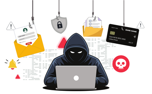 Een hacker achter een laptop die zich bezighoudt met AI-gedreven cyberaanvallen zoals AI-phishing