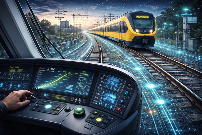 Uitzicht vanuit een treincabine, bedieningsconsole, tegemoetkomende NS trein