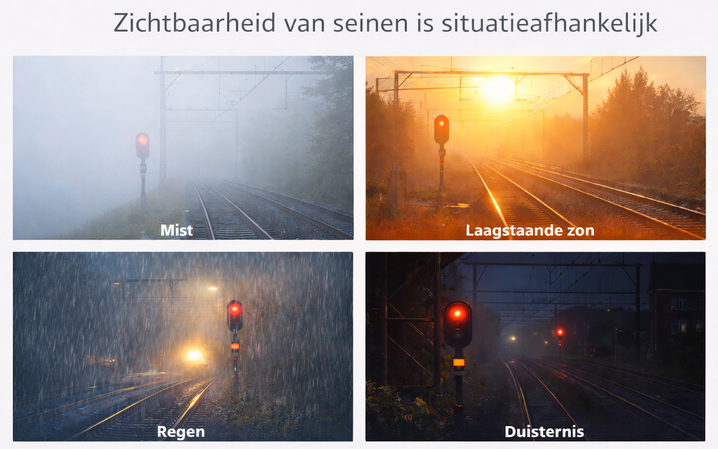 Deze afbeelding visualiseert slecht zich op seinen door mist, regen, laagstaande zon en duisternis