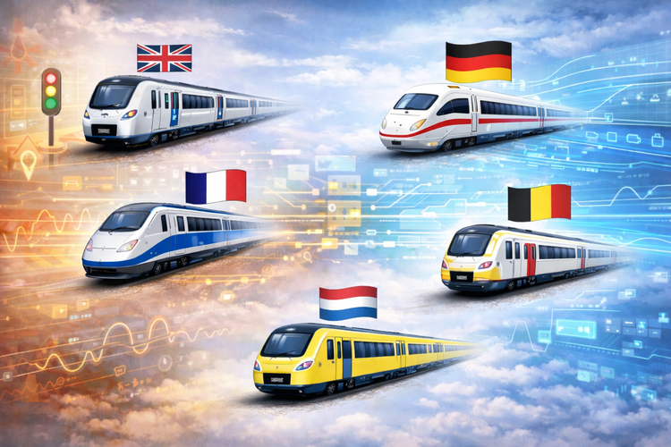 Een Nederlandse, Belgische, Franse, Britse en Duitse trein. Boven de treinen staan de nationale vlaggen