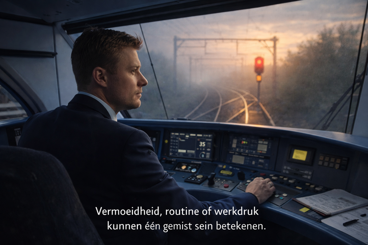 Een treinmachinist in de cabine