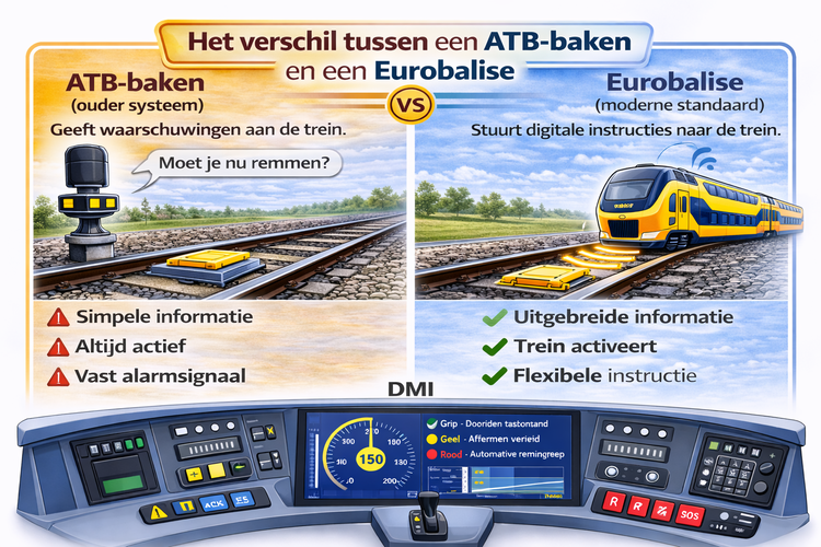 Infographic over het verschil tussen een ATB-baken en een Eurobalise