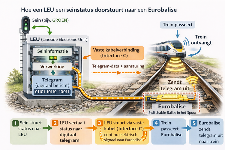 Infographic die uitlegt hoe een Lineside Electronic Unit (LEU) een seinstatus doorgeeft aan een Eurobalise