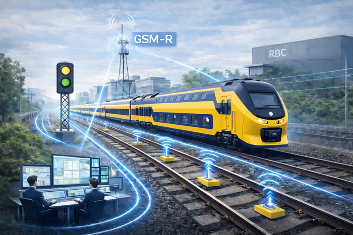 Visualisatie van ERTMS. Een NS dubbeldekker rijdt op het spoor en wordt via GSM-R aangestuurd door het Radio Block Centre