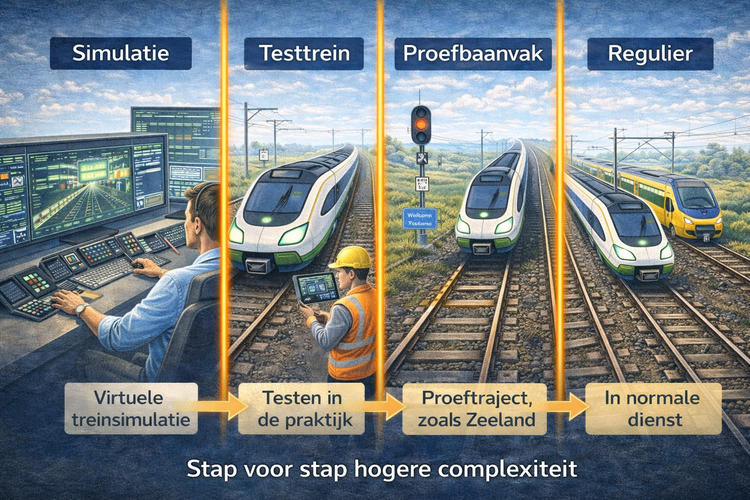 De verschillende fasen van de ERTMS testperiode in 2029: virtuele treinsimulatie, testen in de praktijk, proeftraject op het Zeeuwse spoor, hervatten van de normale dienstregeling