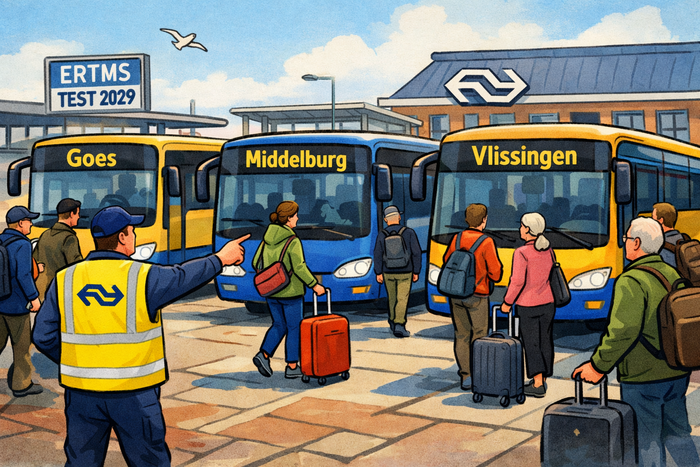 Bussen naar Vlissingen, Middelburg en Goes die geparkeerd staan op het stationsplein. Treinvervangend busvoer tijdens de treinloze periode in Zeeland in 2029