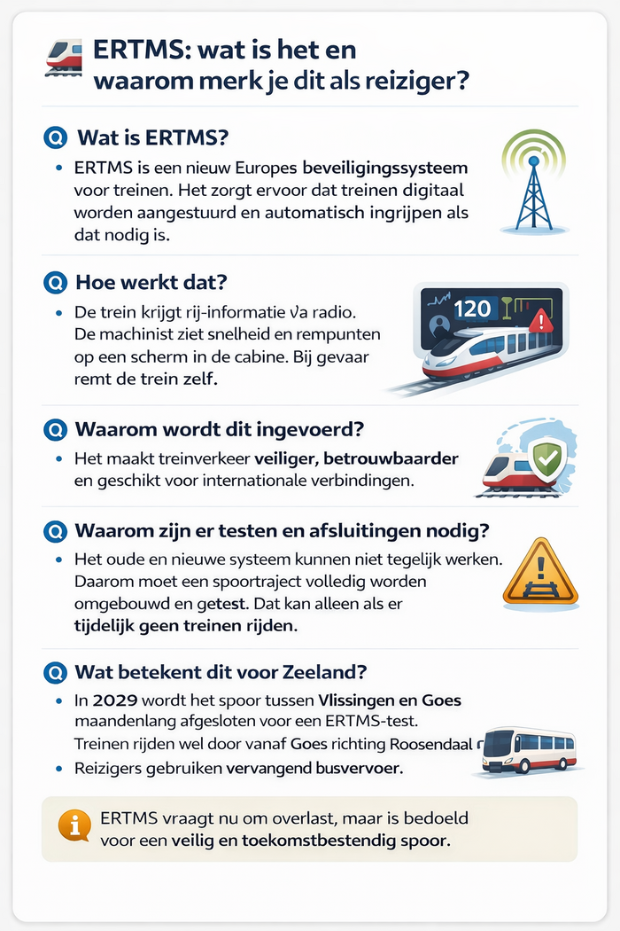 Infographic over de ERTMS testperiode op het Zeeuwse spoor. Tijdens de test rijden er maandenlang geen treinen in Zeeland