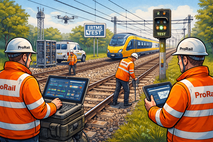 ProRail-medewerkers zijn bezig met de ERTMS test. Vanwege deze test voor het nieuwe Europese treinbeveiligingssysteem rijden er in 2029 vier maanden lang geen treinen tussen Vlissingen en Goes