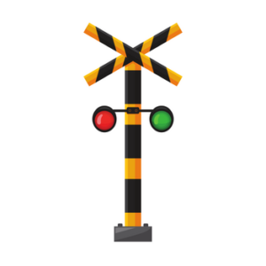 Een spoorwegovergangsein. ERTMS beveiligt de trein, het overwegsein beveiligt de weggebruiker.