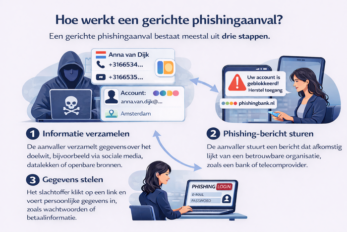 Infographic over hoe een gerichte phishing-aanval werkt