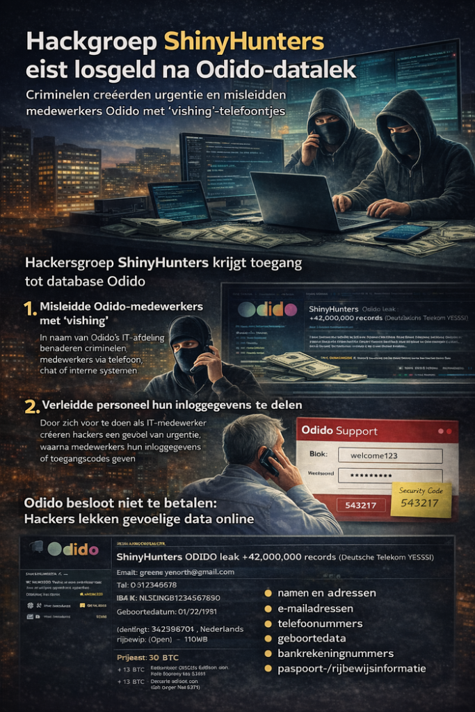 Infographic over de Odido-hack en de hackersgroep ShinyHunters