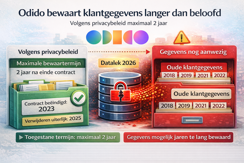 Afbeelding visualiseert dat Odido gegevens van (oud-)klanten langer bewaarde dan beloofd in zijn privacybeleid