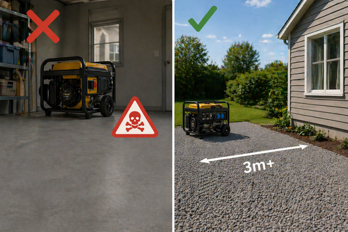 Aan de linkerkant een aggregaat binnenshuis (onveilige plaatsing). Aan de rechterkant een aggregaat die op 3 meter afstand van het huis en ramen is neergezet (veilige plaatsing)