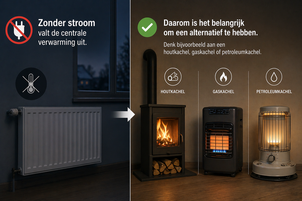 Een koude, donkere woonkamer versus een woonkamer die wordt verwarmd en verlicht door een houtkachel, gaskachel of petroleumkachel