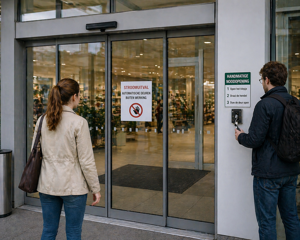 Automatische deuren van een winkel werken niet door stroomuitval