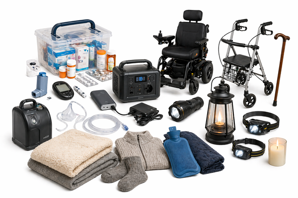 Medicijnen, inhaler, glucosemeter, medische apparatuur, elektrische rolstoel, kruik, warme kleding, noodstroom en een rollator