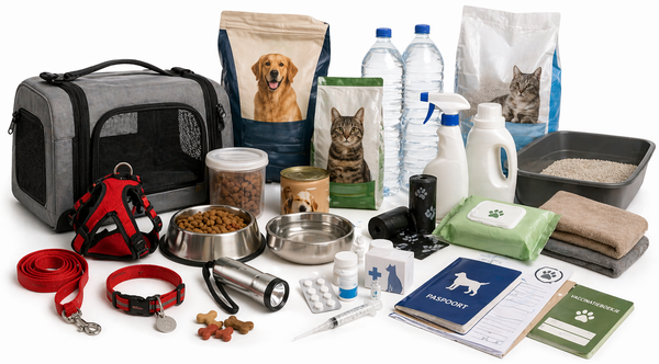 Dierenvoeding, drinkwater, voerbakjes, halsband, tuigje, riem, kattenbakvulling en inintentingsboekjes