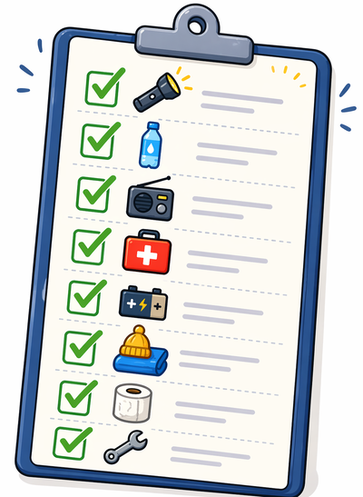 Cartooneske versie van een checklist voor noodsituaties