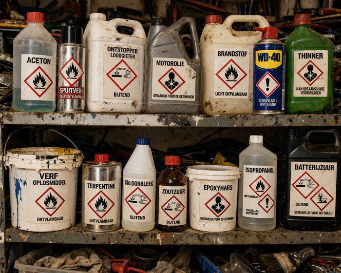 Gevarenpictogrammen op flessen, blikken en emmers