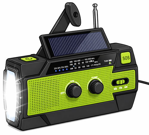 Groene draagbare noodradio en powerbank, oplaadbaar met handzwengel en zonne-energie