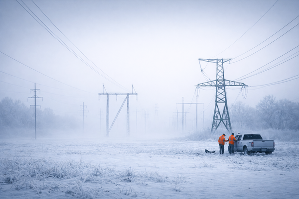 Besneeuwde hoogspanningsmasten en -kabels leiden soms tot stroomuitval. Hoogspanningsmonteurs komen ter plaatse om de storing te verhelpen 