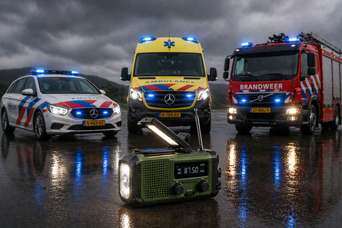 Hulpdiensten, politie, ambulance en brandweer rondom een noodradio met rampenzender