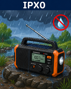 Een noodradio staat in een natuurgebied in de regen