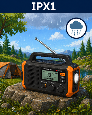 Een noodradio staat in de regen in bos. Op de achtergrond een kampeertent en een meertje