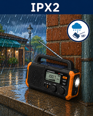 Een noodradio staat in een helling van 15 graden in de regen tegen een muur aan