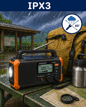 Een noodradio staat in noodweer. De regen komt schuin naar beneden