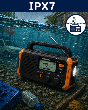 Een noodradio valt tijdens een overstroming in het water