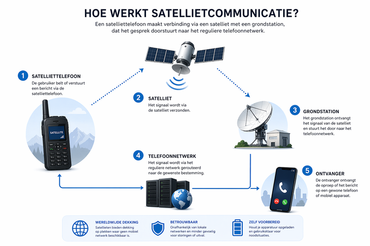 Infographic over de werking van satelietcommunicatie