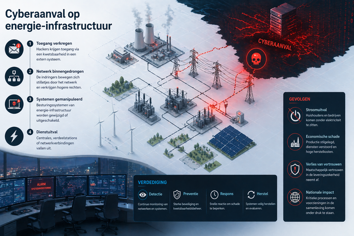 Infographic over stroomuitval door cyberaanvallen op energie-infrastructuur