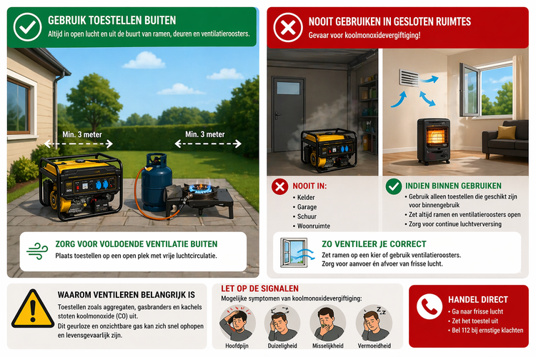 Infographic over veilig gebruik van apparaten zoals aggregaten, gasbranders en kachels tijdens stroomuitval