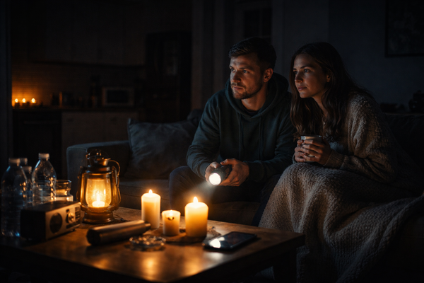 Een jong stel zit samen in de woonkamer tijdens een stroomuitval. Geen lampen, geen schermen, geen televisie. Alleen zwak kaarslicht en een zaklamp