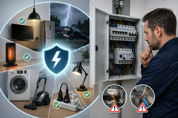 Man controleert zijn meterkast en elektrische apparaten