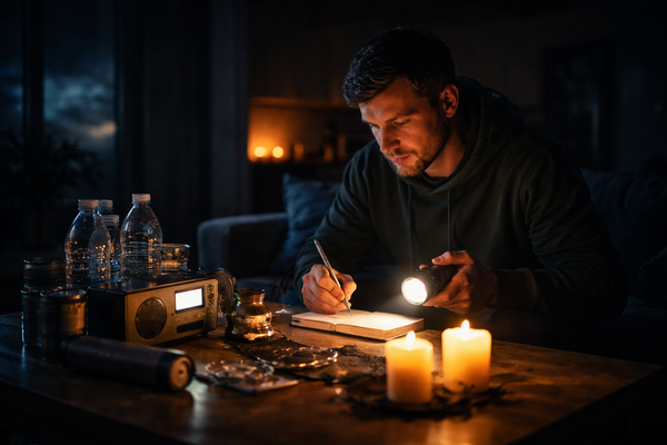 Een jongeman zit tijdens een stroomuitval aan tafel met een noodradio, flesjes drinkwater, kaarsen en een zaklamp. Buiten is de wereld donker. De blik van de man is serieus, maar niet panisch.