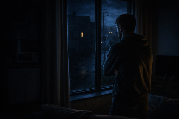 Een man bij een raam in het donker. Hij kijkt naar een stille straat zonder licht. In de kamer zijn alleen contouren zichtbaar van uitgevallen apparaten. De houding van de man verraadt piekeren en vermoeidheid. 