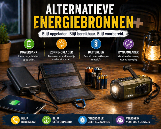 Powerbank, zonne-oplader, batterijen en dynamolader