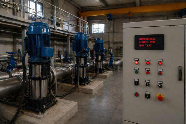 Industriële pompruimte, stroomuitval bij een waterbedrijf