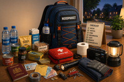 Noodpakket uitgestald op tafel