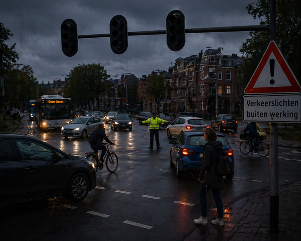 Verkeerschaos op een kruispunt. Verkeerslichten werken niet door stroomuitval