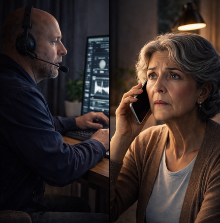 Vishing: een oudere dame wordt gebeld door een oplichter die gebruikmaakt van Voice Cloning-technologie