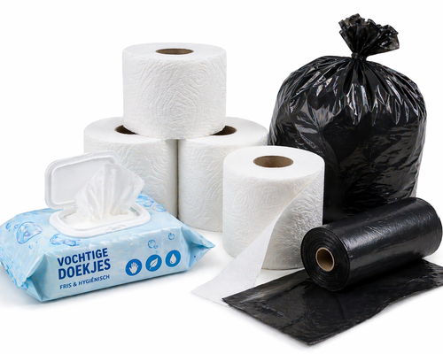 Vochtige doekjes, toiletpapier en afvalzakken