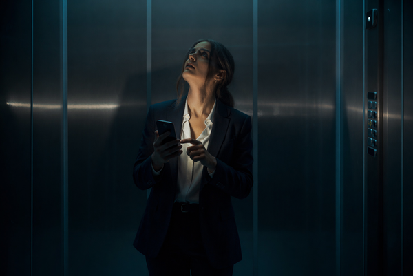 Vrouw staat in een lift tijdens een stroomuitval