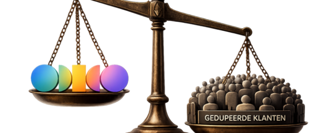 Weegschaal van Vrouwe Justitia met het Odido-logo en gedupeerde klanten