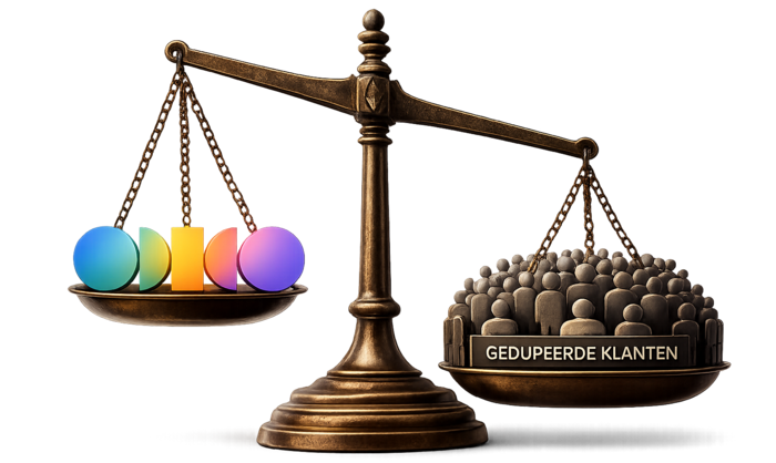 Weegschaal van Vrouwe Justitia met het Odido-logo en gedupeerde klanten