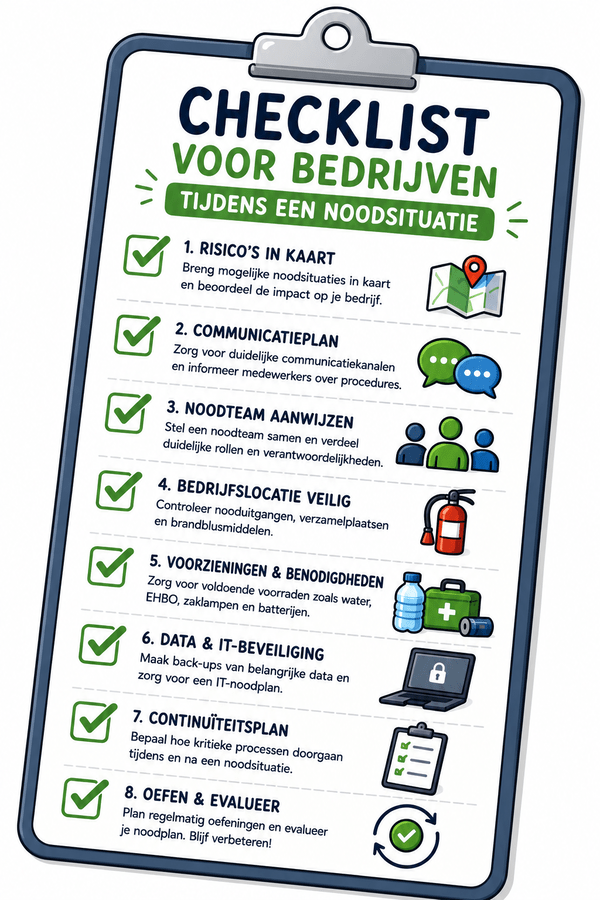 Cartooneske afbeelding van een checklist voor een noodsituatie bij bedrijven